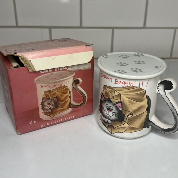 Vintage "Brown Baggin' It" Stoneware Cat Mug  with Lid Japan - Picture 3 of 8